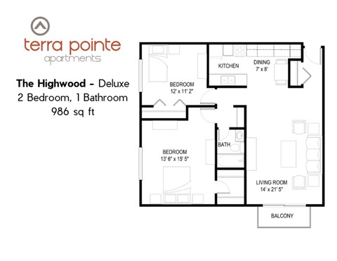 Floor plan for 2 beds, 1 bath, 986 sqft